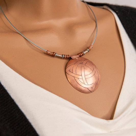 Etched Celtic Triquetra Necklace, in copper.